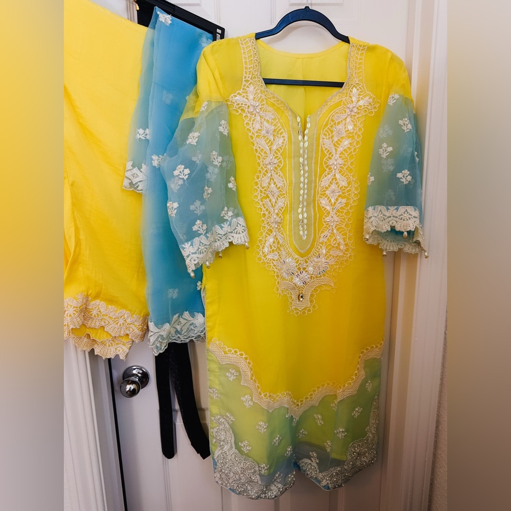 Yellow and Blue ombre Embroidered Dress